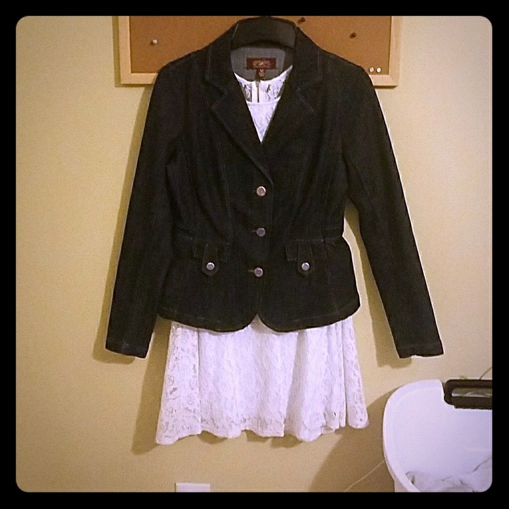 White lace dress and denim jacket combo